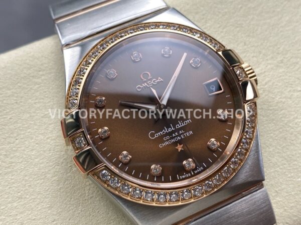 OM+ Factory Omega Constellation Men 123.25.38.21.63.001 38mm Diamond Bezel Rose GoldSteel Diamond Brown (5) OM+ Factory Omega Constellation Men 123.25.38.21.63.001 38mm Diamond Bezel Rose Gold Steel Diamond Brown Dial