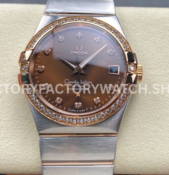 OM+ Factory Omega Constellation Men 123.25.38.21.63.001 38mm Diamond Bezel Rose GoldSteel Diamond Brown (9) OM+ Factory Omega Constellation Men 123.25.38.21.63.001 38mm diamond bezel rose gold steel diamond brown dial replica watch
