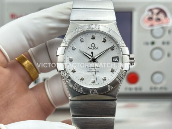 OVS Factory Omega Constellation 123.10.38.21.52.001 38mm Full Steel Diamond Bezel Diamond Silver Dial (1) OVS Factory Omega Constellation 123.10.38.21.52.001 38mm full steel diamond bezel diamond silver dial replica watch