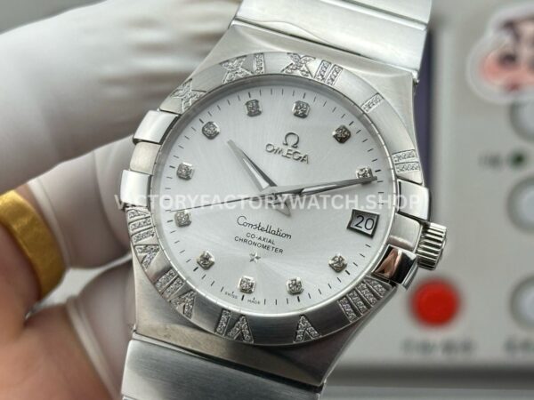 OVS Factory Omega Constellation 123.10.38.21.52.001 38mm Full Steel Diamond Bezel Diamond Silver Dial (3) OVS Factory Omega Constellation 123.10.38.21.52.001 38mm Full Steel Diamond Bezel Diamond Silver Dial