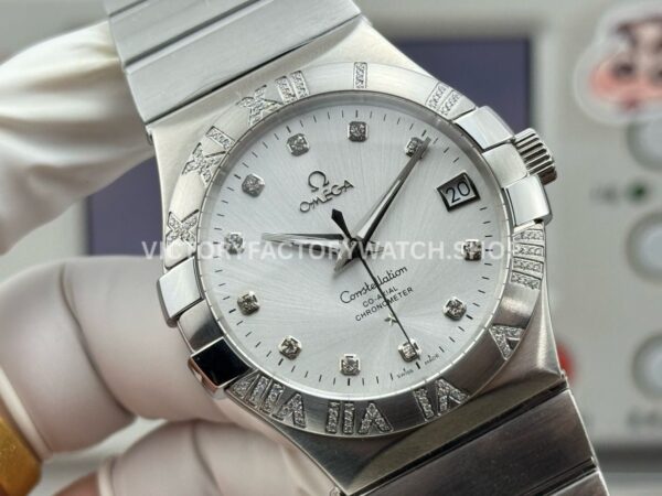 OVS Factory Omega Constellation 123.10.38.21.52.001 38mm Full Steel Diamond Bezel Diamond Silver Dial (4) OVS Factory Omega Constellation 123.10.38.21.52.001 38mm Full Steel Diamond Bezel Diamond Silver Dial