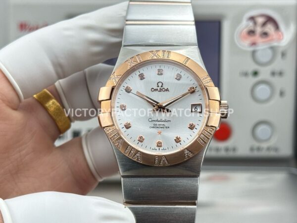 OVS Factory Omega Constellation 123.25.38.21.52.003 38mm Half Rose Gold Diamond Bezel Diamond Silver Dial (8) OVS Factory Omega Constellation 123.25.38.21.52.003 38mm half rose gold diamond bezel diamond silver dial replica watch