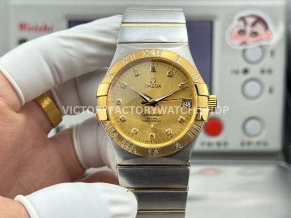OVS Factory Omega Constellation 123.25.38.21.58.002 38mm Half Yellow Gold Diamond Bezel Diamond Champagne Dial (7) OVS Factory Omega Constellation 123.25.38.21.58.002 38mm half yellow gold diamond bezel diamond champagne dial replica watch