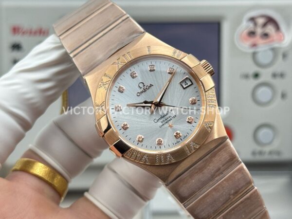 OVS Factory Omega Constellation 123.55.38.21.52.007 38mm Full Rose Gold Diamond Bezel Diamond Silver Dial (2) OVS Factory Omega Constellation 123.55.38.21.52.007 38mm Full Rose Gold Diamond Bezel Diamond Silver Dial