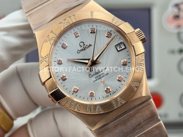 OVS Factory Omega Constellation 123.55.38.21.52.007 38mm Full Rose Gold Diamond Bezel Diamond Silver Dial (3) OVS Factory Omega Constellation 123.55.38.21.52.007 38mm Full Rose Gold Diamond Bezel Diamond Silver Dial