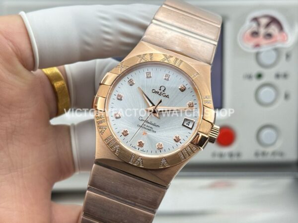 OVS Factory Omega Constellation 123.55.38.21.52.007 38mm Full Rose Gold Diamond Bezel Diamond Silver Dial (4) OVS Factory Omega Constellation 123.55.38.21.52.007 38mm Full Rose Gold Diamond Bezel Diamond Silver Dial