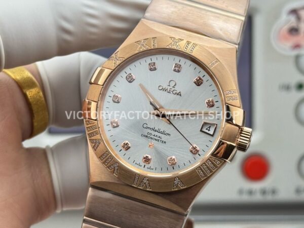 OVS Factory Omega Constellation 123.55.38.21.52.007 38mm Full Rose Gold Diamond Bezel Diamond Silver Dial (6) OVS Factory Omega Constellation 123.55.38.21.52.007 38mm Full Rose Gold Diamond Bezel Diamond Silver Dial