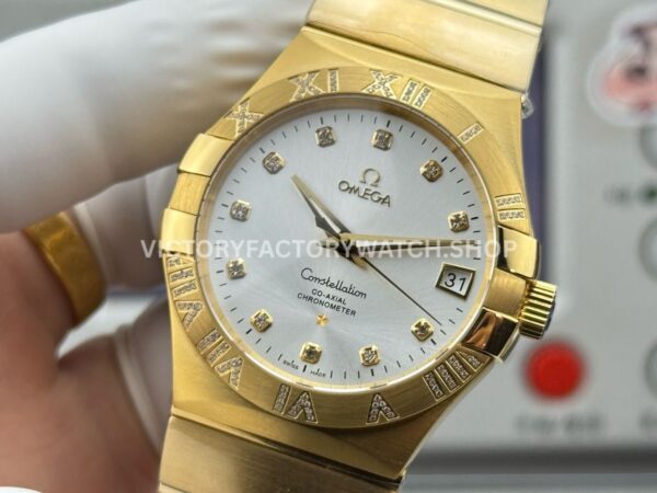 OVS Factory Omega Constellation 123.55.38.21.52.008 38mm Full Rose Gold Diamond Bezel Diamond Silver Dial (5) OVS Factory Omega Constellation 123.55.38.21.52.008 38mm Full Rose Gold Diamond Bezel Diamond Silver Dial