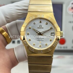 OVS Factory Omega Constellation 123.55.38.21.52.008 38mm full rose gold diamond bezel diamond silver dial replica watch