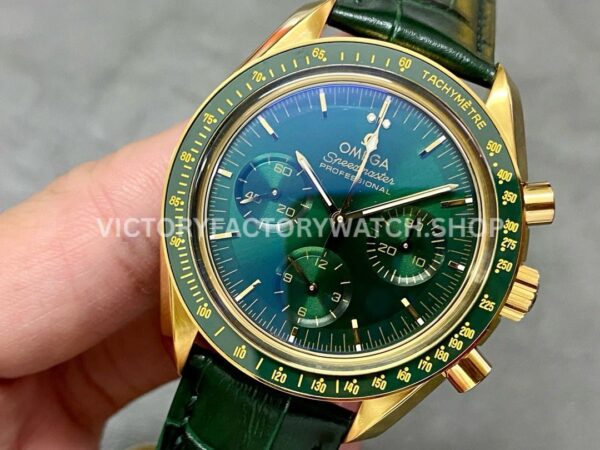 RM Factory Omega Speedmaster Professional Moonwatch 310.63.42.50.02.001 42mm Yellow Gold Leather Strap Green Dial