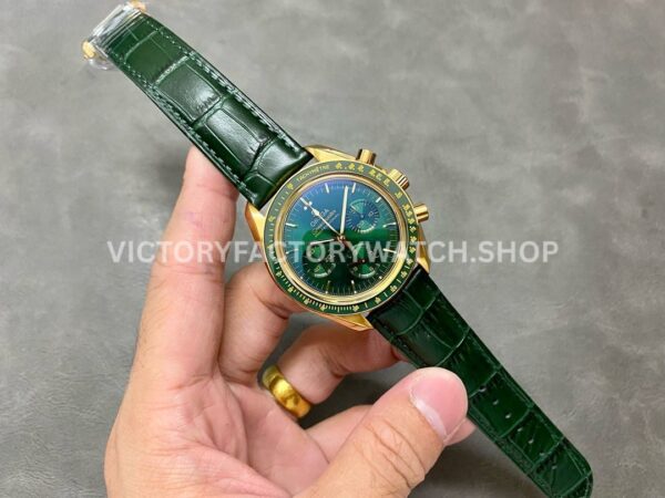 RM Factory Omega Speedmaster Professional Moonwatch 310.63.42.50.02.001 42mm Yellow Gold Leather Strap Green Dial
