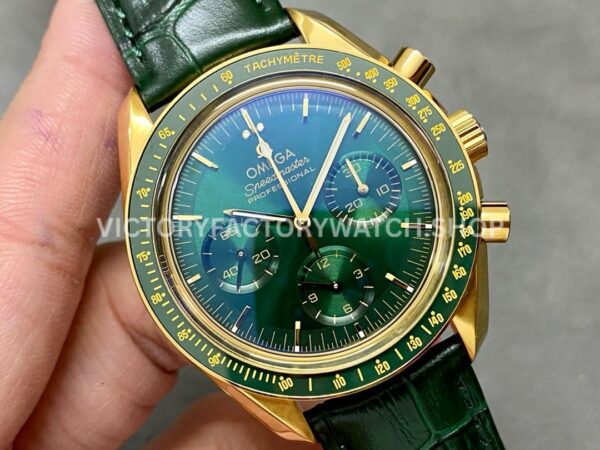RM Factory Omega Speedmaster Professional Moonwatch 310.63.42.50.02.001 42mm Yellow Gold Leather Strap Green Dial