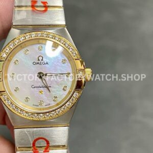 TW Factory Omega Constellation Quartz 123.20.27.60.55.002 27mm Half Yellow Gold Diamon ( TW Factory Omega Constellation Quartz 123.20.27.60.55.002 27mm half yellow gold diamond gold bezel mother of pearl diamond dial replica watch