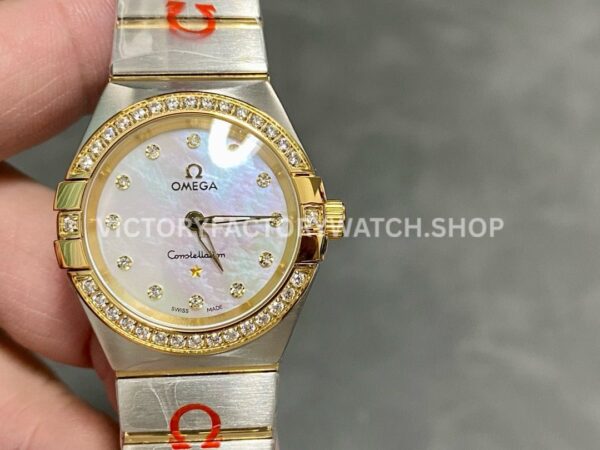 TW Factory Omega Constellation Quartz 123.20.27.60.55.002 27mm Half Yellow Gold Diamon ( TW Factory Omega Constellation Quartz 123.20.27.60.55.002 27mm half yellow gold diamond gold bezel mother of pearl diamond dial replica watch