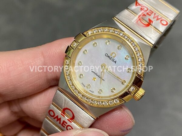 TW Factory Omega Constellation Quartz 123.20.27.60.55.002 27mm Half Yellow Gold Diamon ( (4) TW Factory Omega Constellation Quartz 123.20.27.60.55.002 27mm Half Yellow Gold Diamond Gold Bezel Mother Of Pearl Diamond Dial