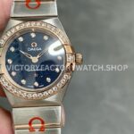 TW Factory Omega Constellation Quartz 131.25.25.60.53.002 27mm half rose gold Roman number rose gold bezel diamond gypsophila blue dial replica watch