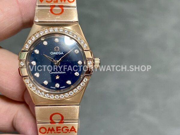 TW Factory Omega Constellation Quartz 131.55.25.60.53.002 27mm full rose gold diamond bezel diamond gypsophila blue dial replica watch