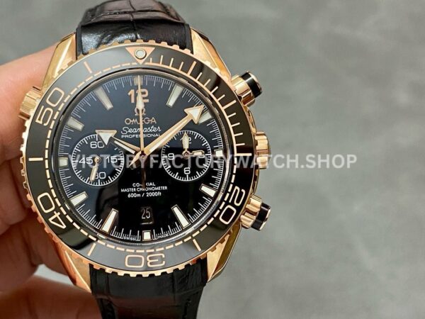 TW Factory Omega Seamaster Planet Ocean Chronograph 215.63.46.51.01.001 44.25mm rose gold leather strap black dial replica watch