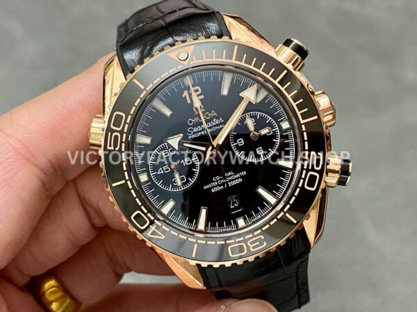 TW Factory Omega Seamaster Planet Ocean Chronograph 215.63.46.51.01.001 44.25mm Rose Gold Leather Strap Black Dial