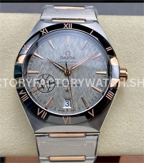 V+ Factory Omega Constellation 131.23.41.21.06.001 41mm Half Rose Gold Black Ceramic Bezel Grey Dial (4) V+ Factory Omega Constellation 41mm with grey dial, half rose gold finish, and black ceramic bezel.