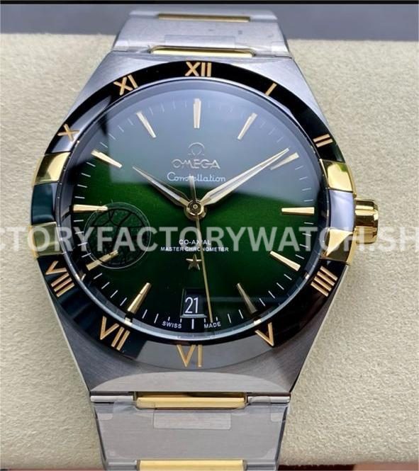 V+ Factory Omega Constellation 131.23.41.21.10.001 41mm Half Yellow Gold Black Ceramic Bezel Green Dial (1) V+ Factory Omega Constellation 131.23.41.21.10.001 41mm half yellow gold black ceramic bezel green dial replica watch