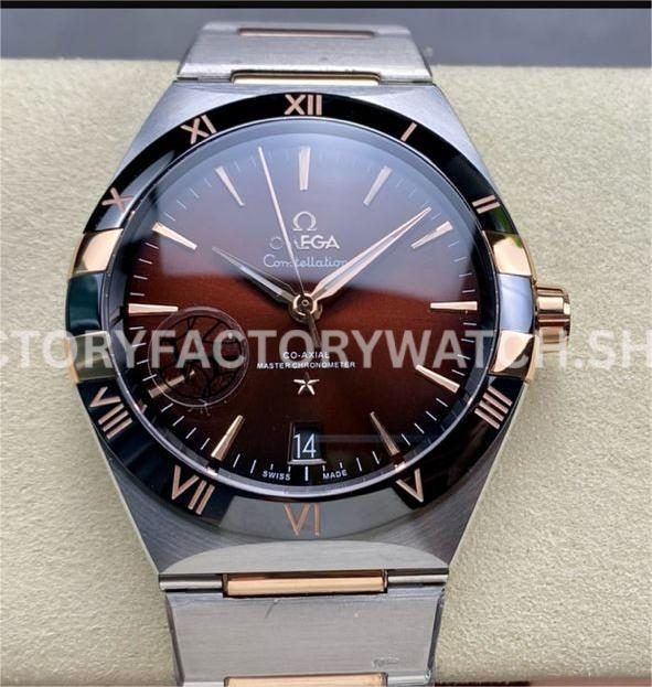V+ Factory Omega Constellation 131.23.41.21.11.001 41mm Half Rose Gold Black Ceramic Bezel Red Dial (9) V+ Factory Omega Constellation 131.23.41.21.11.001 41mm half rose gold black ceramic bezel red dial replica watch