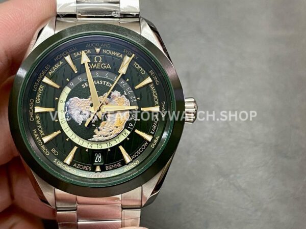 VS Factory Omega Seamaster Aqua Terra GMT Worldtimer 220.30.43.22.10.001 43mm full steel olive green dial replica watch