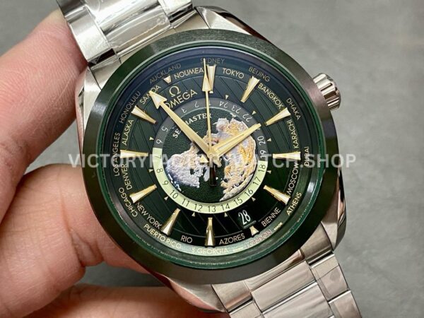 VS Factory Omega Seamaster Aqua Terra GMT Worldtimer 220.30.43.22.10.001 43mm Full Steel Olive Green Dial