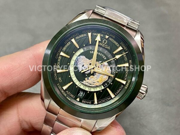 VS Factory Omega Seamaster Aqua Terra GMT Worldtimer 220.30.43.22.10.001 43mm Full Steel Olive Green Dial