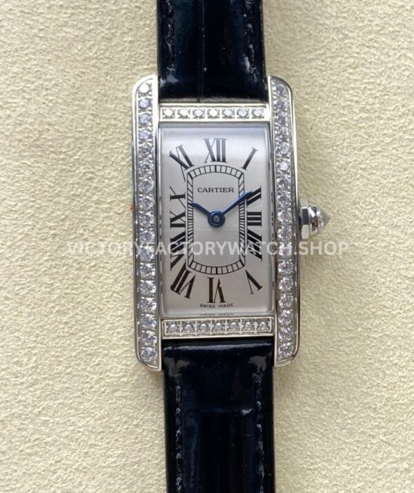 8848 Factory Cartier Tank Américaine 19mm Leather Strap Diamond Bezel Roman Numerals Silver Dial (9) 8848 Factory Cartier Tank Américaine 19mm black leather diamond bezel silver dial