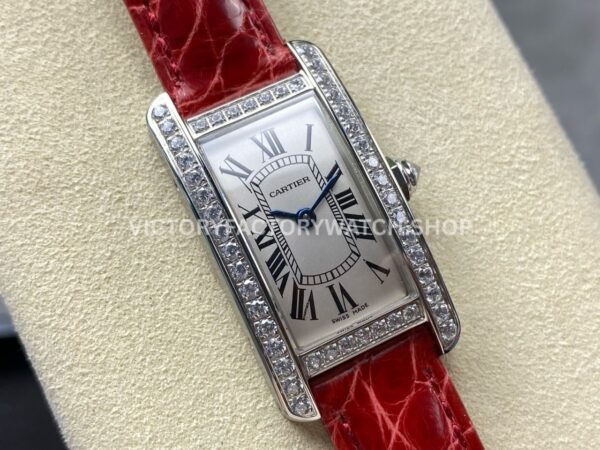 8848 Factory Cartier Tank Américaine 19mm Roman Numerals Silver Dial (1) 8848 Factory Cartier Tank Américaine 19mm Red Leather Strap Diamond Bezel Roman Numerals Silver Dial