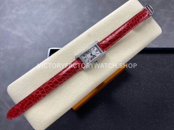 8848 Factory Cartier Tank Américaine 19mm Roman Numerals Silver Dial (3) 8848 Factory Cartier Tank Américaine 19mm Red Leather Strap Diamond Bezel Roman Numerals Silver Dial
