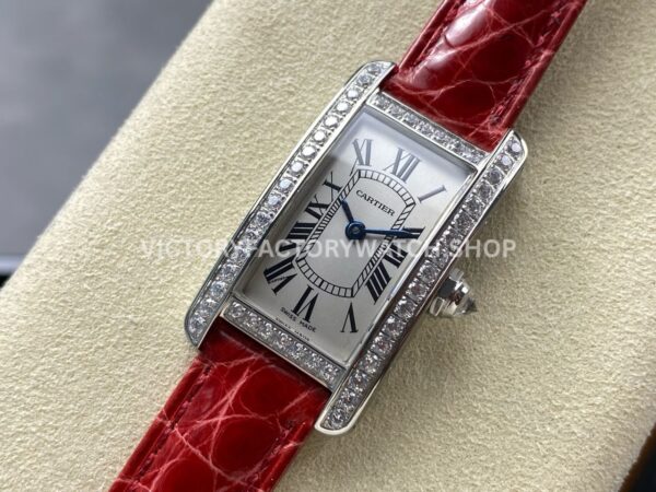 8848 Factory Cartier Tank Américaine 19mm Roman Numerals Silver Dial (5) 8848 Factory Cartier Tank Américaine 19mm Red Leather Strap Diamond Bezel Roman Numerals Silver Dial