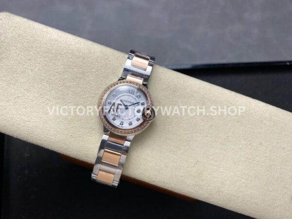 AF Factory Cartier Ballon Bleu W3BB0025 28mm Half Rose Gold Diamond Bezel Roman Numerals Diamond Silver Dial