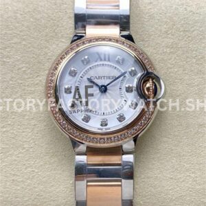 Discover AF Factory Cartier Ballon Bleu W3BB0025 28mm with a rose gold-tone and steel finish, diamond-set bezel and silver dial.