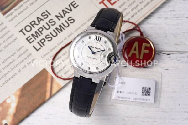 AF Factory Cartier Ballon Bleu W4BB0009 33mm Steel Leather Strap Diamond Roman Numerals Si (4) AF Factory Cartier Ballon Bleu W4BB0009 33mm leather strap diamond silver dial