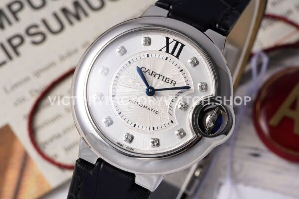 AF Factory Cartier Ballon Bleu W4BB0009 33mm Steel Leather Strap Diamond Roman Numerals Si (7) AF Factory Cartier Ballon Bleu W4BB0009 33mm Leather Strap Diamond Roman Numerals Silver Dial