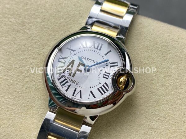 AF Factory Cartier Ballon Bleu W69007Z3 28mm Half Gold Roman Numerals Silver Dial