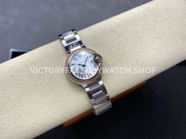 AF Factory Cartier Ballon Bleu WE902079 28mm Full Steel Rose Gold Diamond Bezel Roman Numerals S ( AF Factory Cartier Ballon Bleu WE902079 28mm Full Steel Rose Gold Diamond Bezel Roman Numerals Silver Dial