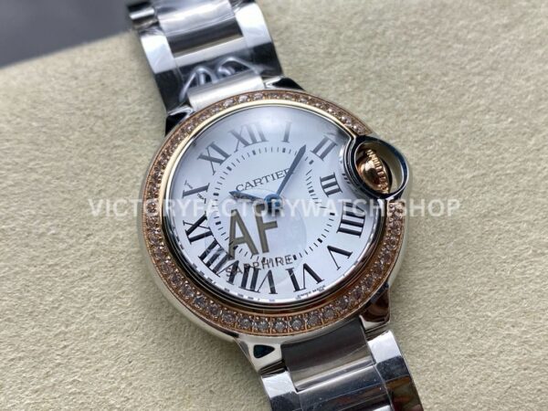 AF Factory Cartier Ballon Bleu WE902079 28mm Full Steel Rose Gold Diamond Bezel Roman Numerals S ( (3) AF Factory Cartier Ballon Bleu WE902079 28mm Full Steel Rose Gold Diamond Bezel Roman Numerals Silver Dial