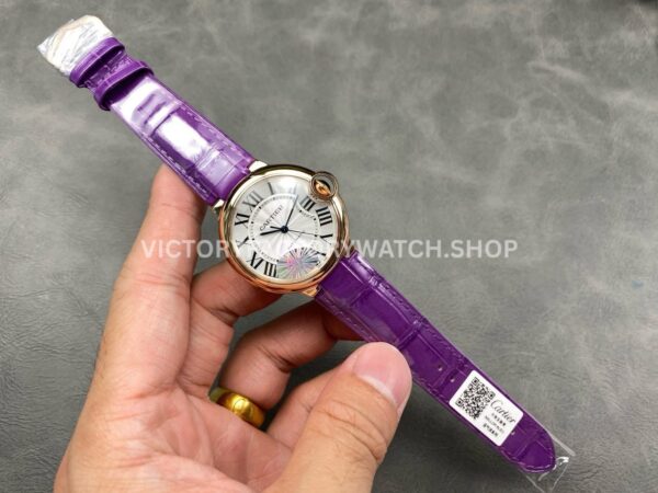 AF Factory Cartier Ballon Bleu WGBB0009 36mm Rose Gold Purple Leather Strap Roman Numerals White Dial (4) AF Factory Cartier Ballon Bleu WGBB0009 36mm Rose Gold Purple Leather Strap Roman Numerals White Dial