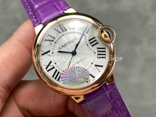 AF Factory Cartier Ballon Bleu WGBB0009 36mm Rose Gold Purple Leather Strap Roman Numerals White Dial (6) AF Factory Cartier Ballon Bleu WGBB0009 36mm Rose Gold Purple Leather Strap Roman Numerals White Dial