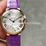 AF Factory Cartier Ballon Bleu WGBB0009 36mm Rose Gold Purple Leather Strap Roman Numerals White Dial (8) AF Factory Cartier Ballon Bleu WGBB0009 36mm rose gold-tone purple leather strap white dial