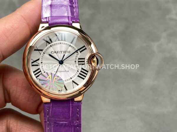AF Factory Cartier Ballon Bleu WGBB0009 36mm Rose Gold Purple Leather Strap Roman Numerals White Dial (8) AF Factory Cartier Ballon Bleu WGBB0009 36mm rose gold-tone purple leather strap white dial