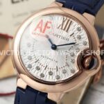 AF Factory Cartier Ballon Bleu WGBB0052 33mm Rose Gold Black Leather Strap Diamond Roman Numerals Silver Dial