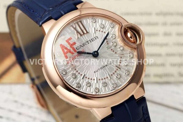 AF Factory Cartier Ballon Bleu WGBB0052 33mm Rose Gold Black Leather Strap Diamond Roman Numerals Silver Dial