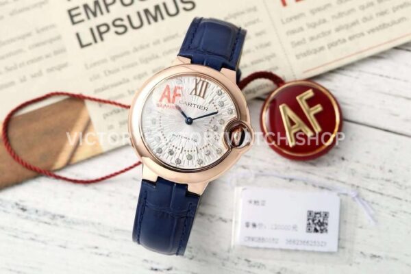 AF Factory Cartier Ballon Bleu WGBB0052 33mm rose gold-tone black leather strap diamond watch