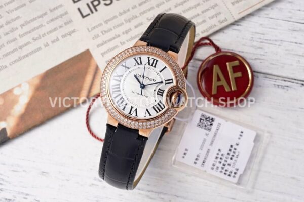 AF Factory Cartier Ballon Bleu WJBB0033 33mm diamond bezel beige leather strap silver dial