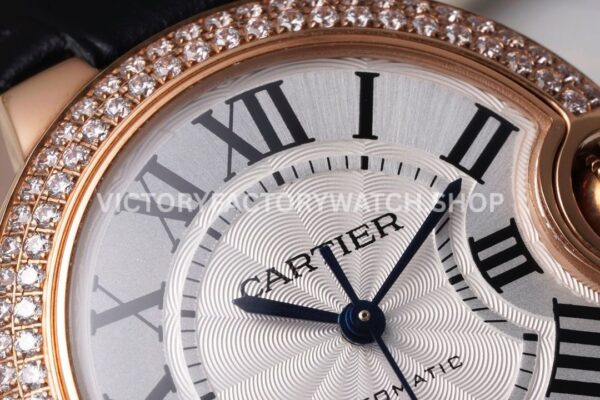 AF Factory Cartier Ballon Bleu WJBB0033 33mm Rose Gold Diamond Bezel Leather Strap Roman Numerals Silver Dial
