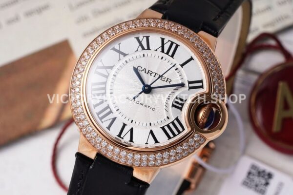 AF Factory Cartier Ballon Bleu WJBB0033 33mm Rose Gold Diamond Bezel Leather Strap Roman Numerals Silver Dial